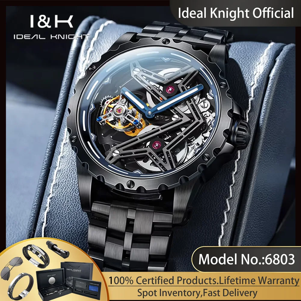 IDEAL KNIGHT 6803 Real Tourbillon Man Watch Great Wall Series Full Hollowed Transparent Automatic Mechanical Wristwatch for Men