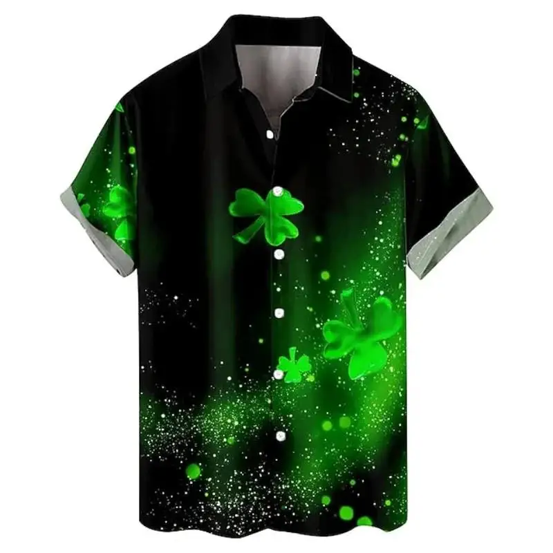 3D Print St Patrick Green Hawaiian Shirts For Men Casual Short Sleeve Button Up Surfing Shirt Tops Men's Beach Shirts Clothing