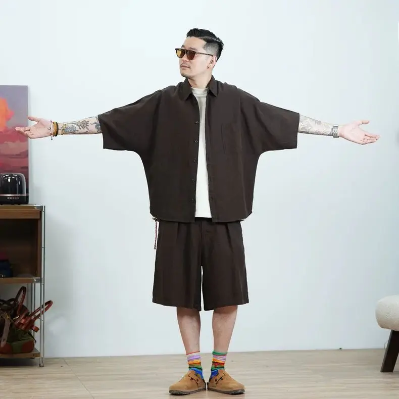 

Cool Casual Men's Two-Piece Set Shirt and Shorts American Retro Style Cotton Linen Summer Loose Fit Big Size 150kg