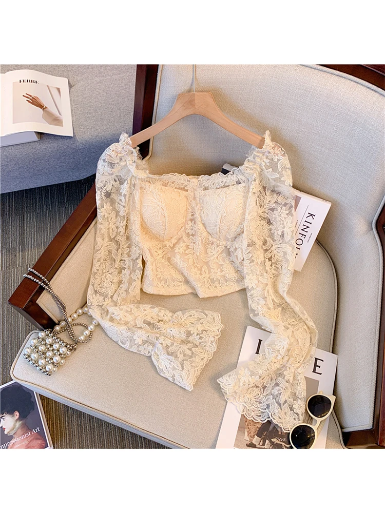 

Autumn Women French Vintage Long Flare Sleeve Ruffle Lace Shirts Mori Girl Blouses Aesthetic Ballet Core Cute Crop Top Gyaru