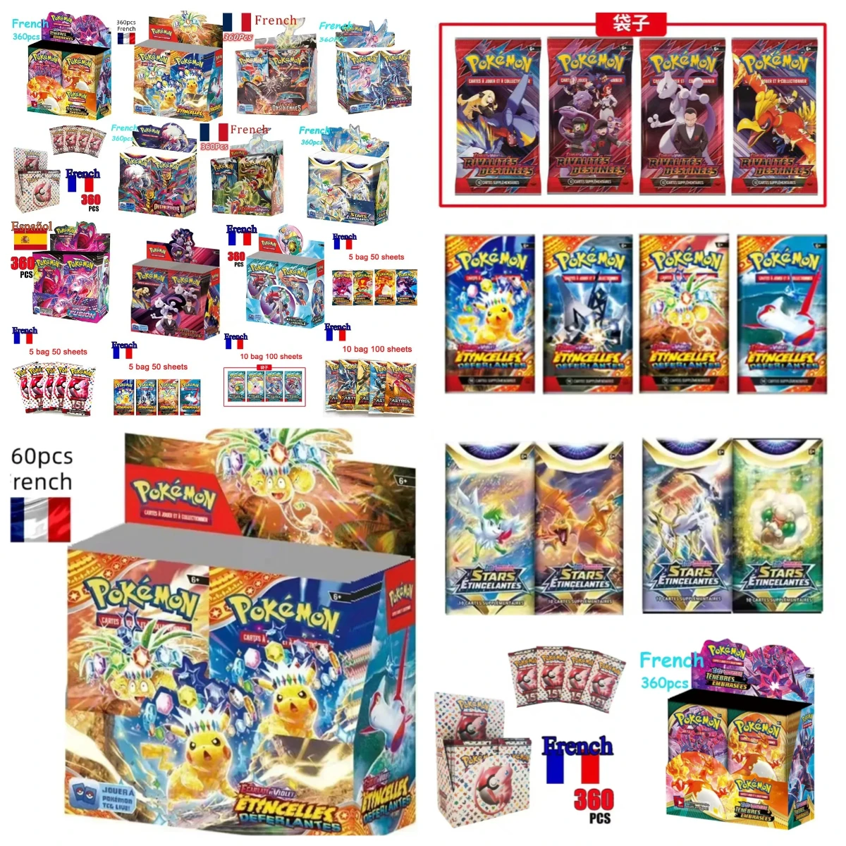 @ 360P Pokémon francés TCG: Ecarlet & Violet Etsncelles Astral Radiance Obsidian Flames Booster Box Pokemon Cards Game 36 Pack Box