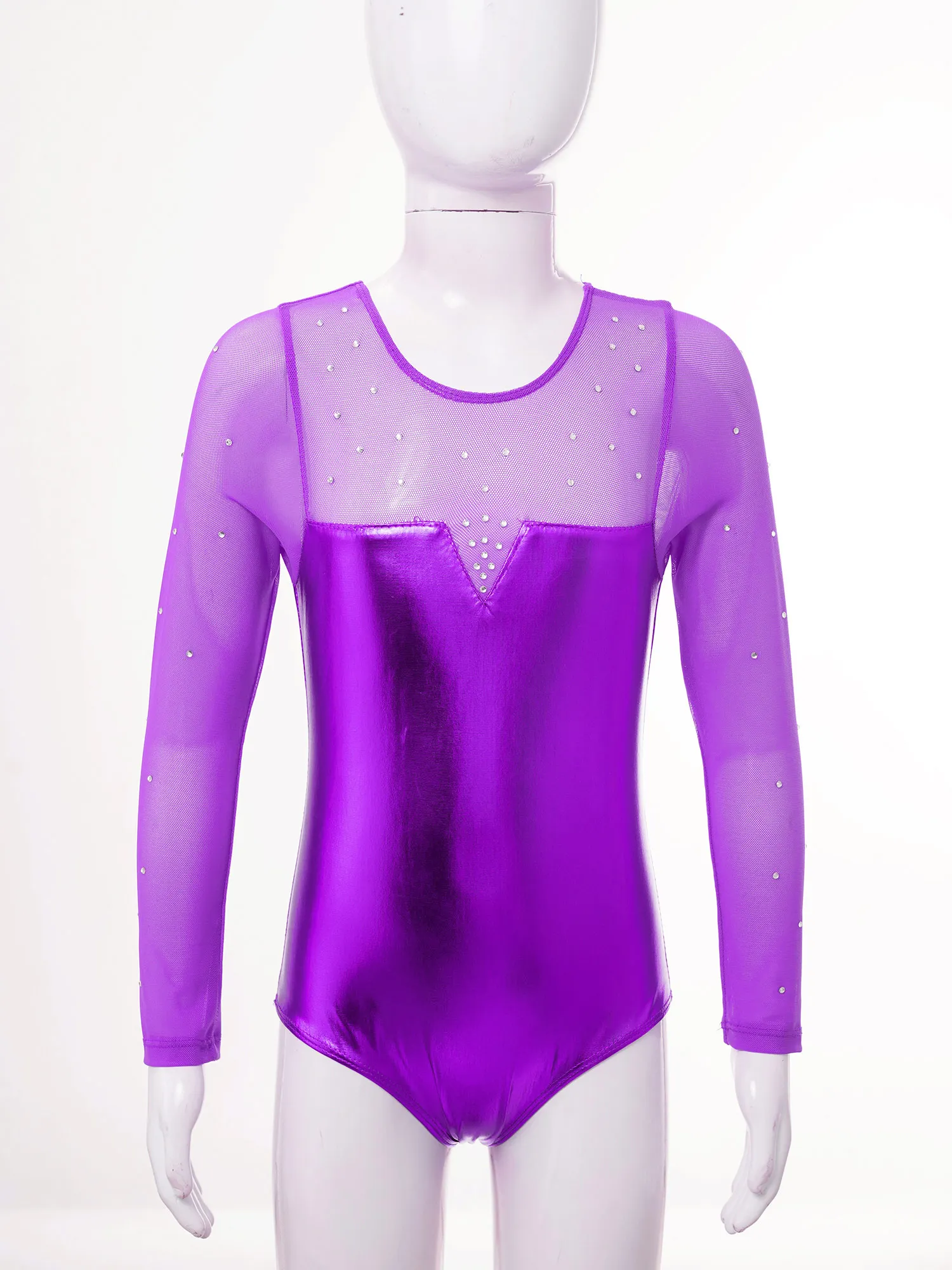 Girls Long Sleeve Ballet Gymnastic Leotard Figure Skating Acrobatics Dance Class Training Jumpsuit Sequin Sheer Mesh Bodysuit