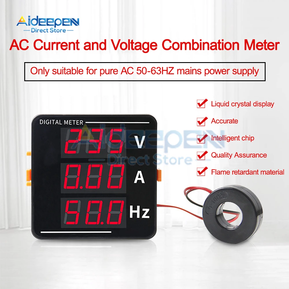 3 in 1 AC 50-500V 0-120A Voltage Current Frequency Meter LED Digital Display Voltmeter Ammeter Tester 50-63Hz 2 Wire