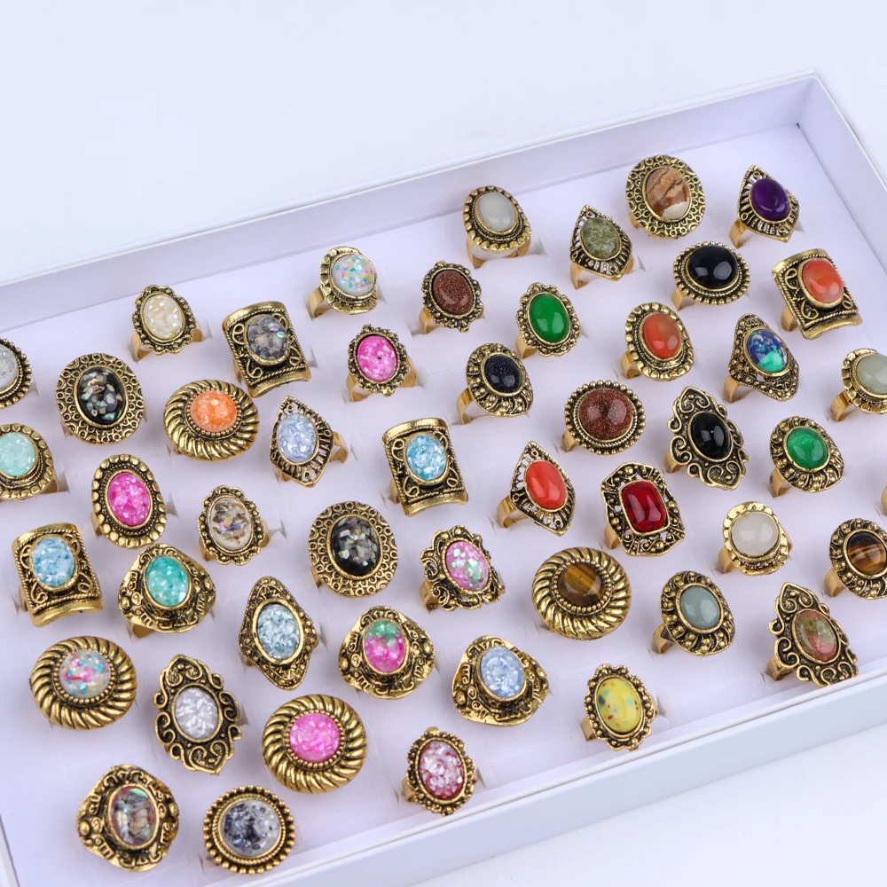 10/20Pcs/Lot New Fashion Bulk Vintage Flower Geometry Patten Colorful Stone Open Rings Jewelry For Women Mix Style Party Gifts