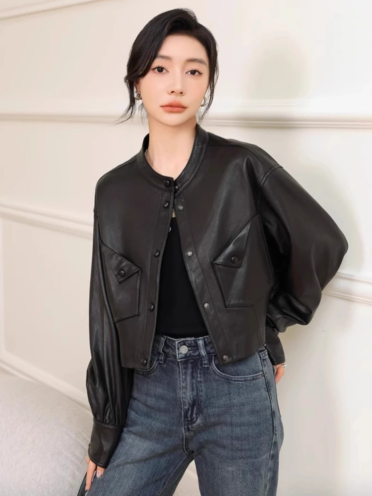 Casual Genuine Leather Cropped Jackets for Women Spring Autumn 2025 High-end Simple Stand Collar Soft Black Real Sheepskin Coat