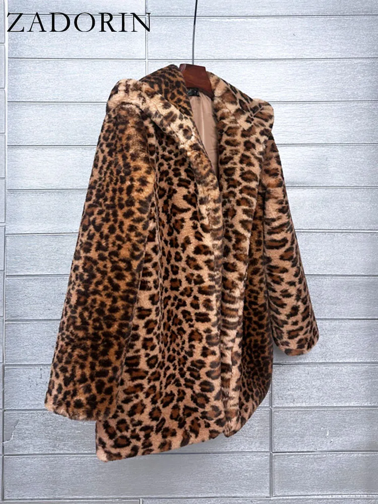 ZADORIN Furry Leopard Print Jacket Women 2024 Winter Fluffy Loose Faux Rabbit Fur Coat Thick Warm Plush Jackets for Women Coats