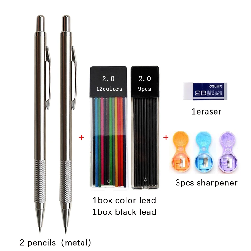 2.0mm Mechanical Pencil Set Black /Color Lead Refill 2B Automatic Pencil Students Art Sketch Painting Writing Kawaiii Stationery