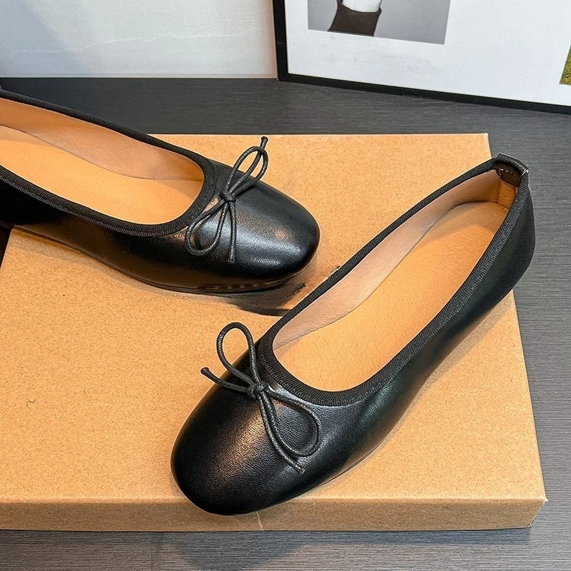 

Женские туфли на низком каблуке 2023, новые осенние туфли с круглым носком и неглубоким носком, с бантом, на мягкой подошве, нескользящие низкие туфли