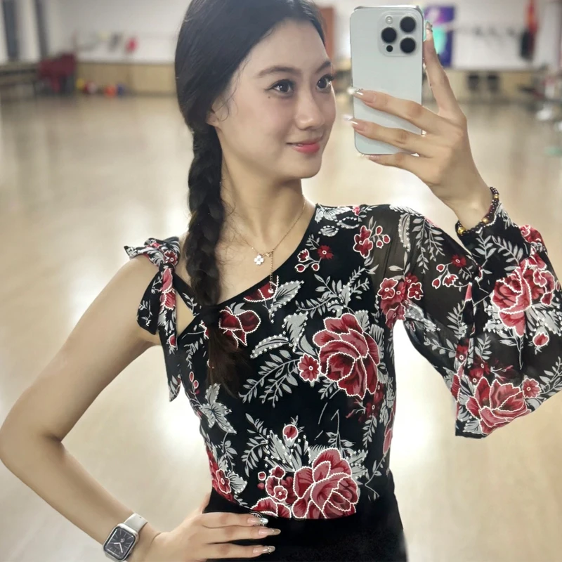 Nuove donne una manica danza latina top nero danza moderna top adulti sala da ballo concorso di ballo vestito pratica usura SL14126