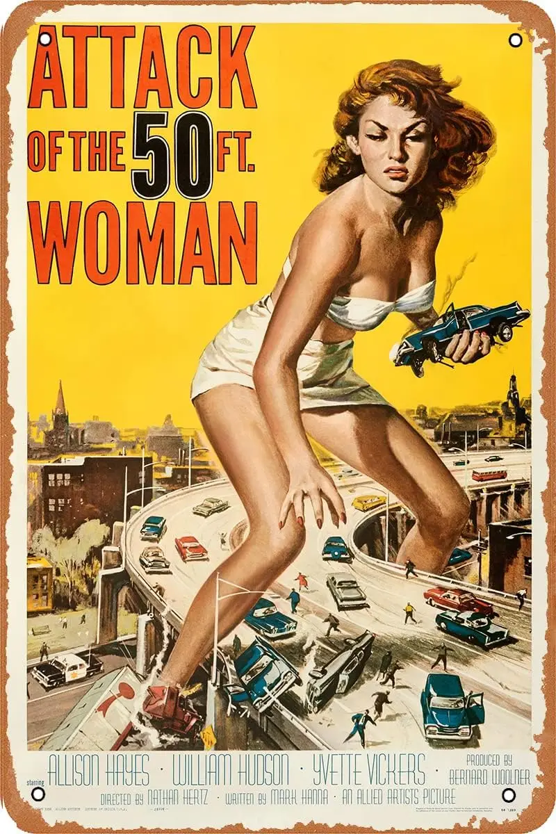 Vintage Movie Tin Sign,Attack of the 50 Foot Woman Poster,Metal Sign Retro Bar Pub Man Cave Wall Decor 8x12 Inch Gifts for Men W