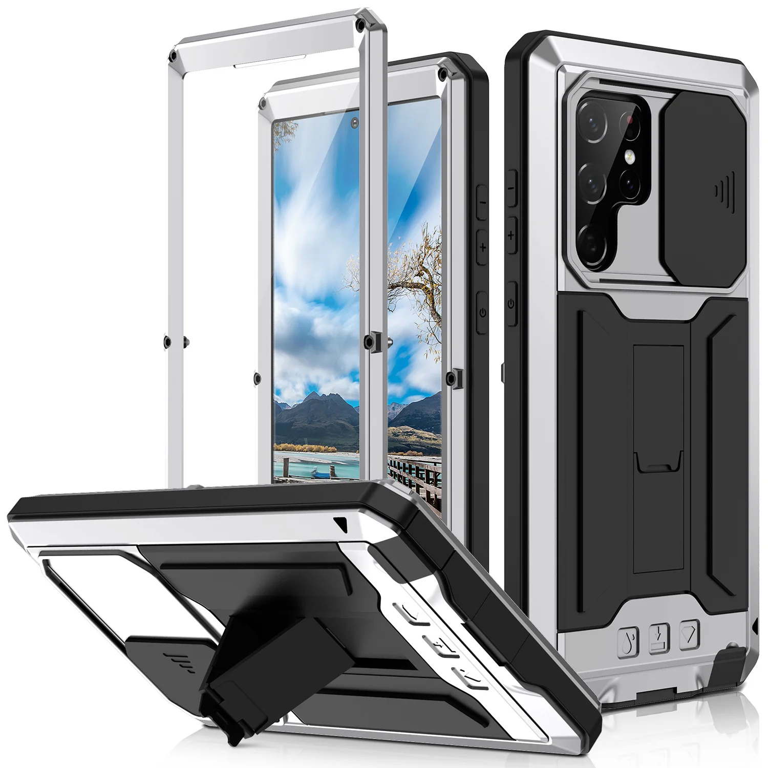 

360 Protection Heavy Metal Armor Case For Samsung Galaxy S22 Ultra 5G S24 S23 Plus Shockproof Stand With Glass Case Fundas