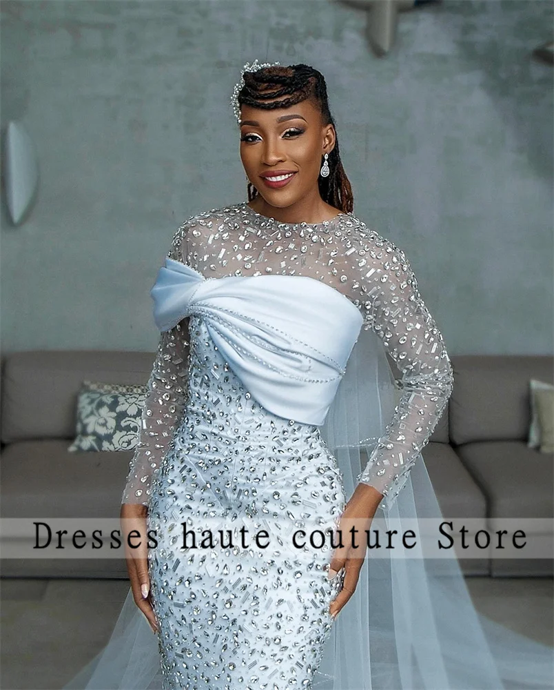 Luxury Crystals Lace Long Sleeve Mermaid Wedding Dress 2025 Aso Ebi Rhinestones O Neck Bridal Gown Customized