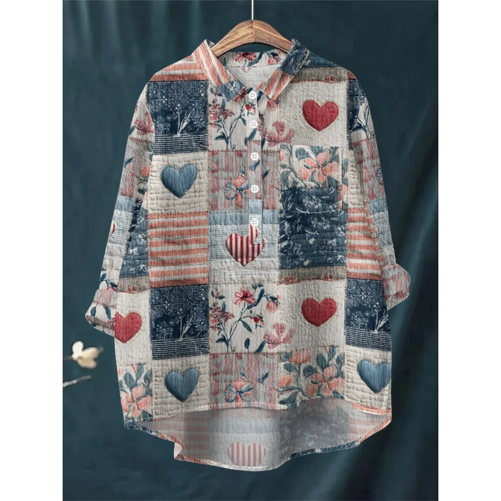 قميص نسائي أزرق أبيض مطبوع عليه زهور بأكمام طويلة نصف زر للأسفل مع حاشية غير متماثلة، قطع علوية فضفاضة ناعمة قابلة للتنفس