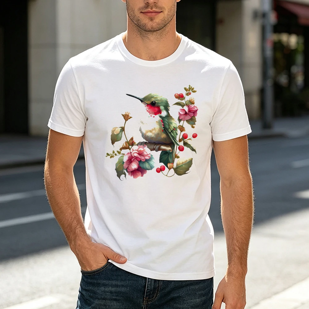 Ruby Throated Hummingbird On Branch With Pink Camellia Flower Print Male T Shirt Beautiful Botanical Wildlife Art Tee