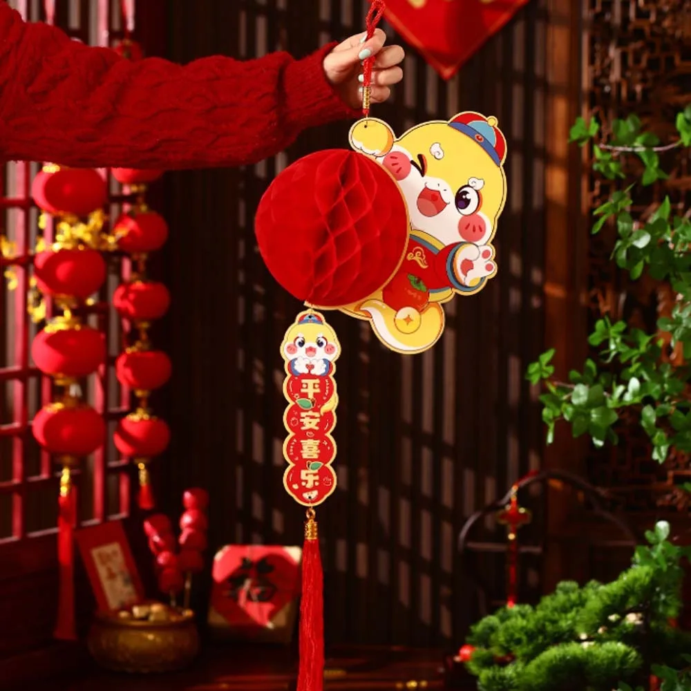 Cartoon Chinese New Year Red Paper Lantern Traditional Blessing Snake Year Pendants Festive Red Honeycomb Ball Ornament Gifts