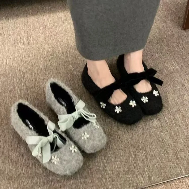 French Square Toe Shallow Mouth Hairy Shoes for Women, Flower Shaped Rhinestone Inner Height Increasing Mary Jane Shoes Women