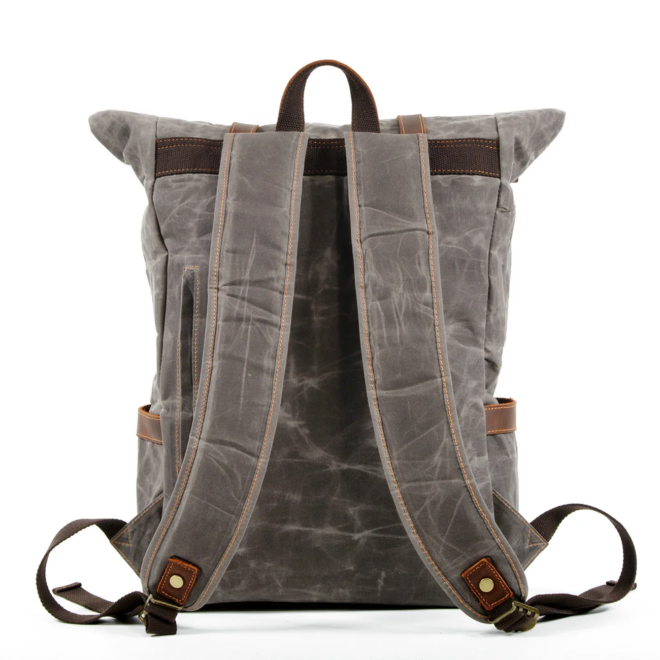 Vintage Waxed Canvas Roll‑Top Backpack,15 Inch Laptop, Full‑Grain Leather Straps Dual Front Pockets Waterproof Travel Rucksack
