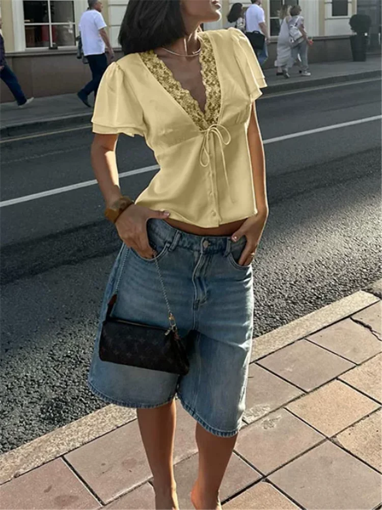 French Summer Women Deep V Neck Black White Slim Top Lace Patchwork Deep V Neck Thin Shirt Short Sleeve Casual Fairy T Shirt Top