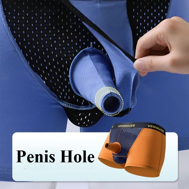 Man Penis Hole with Tube Underpants Erotic Body Health Care Enhancing Pouch Design Boxers Underwear Long Foreskin Lingerie Pants