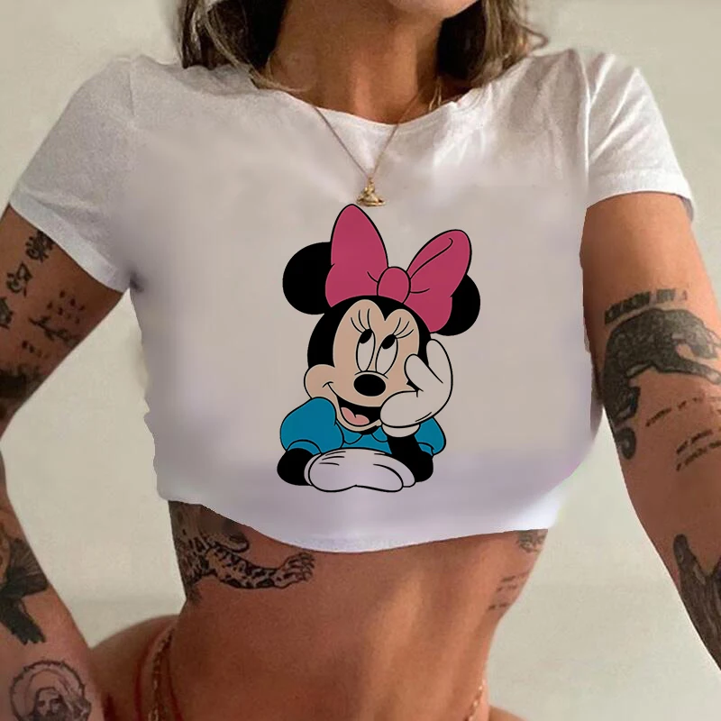 Mickey Mouse Minnie Mouse Women T-Shirt Slim Disney Crop Top Casual Tee Y2k Top Streetwear Sexy Tops Short Navel Female Clothes