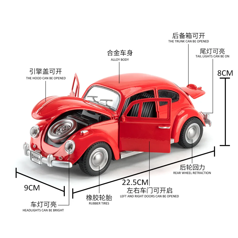 Model samochodu Volkswagen Beetle z 1955 roku, symulacja, odlew metalowy, dźwięk, światło, napęd pull-back, kolekcjonerski, zabawka dla dzieci, prezent.