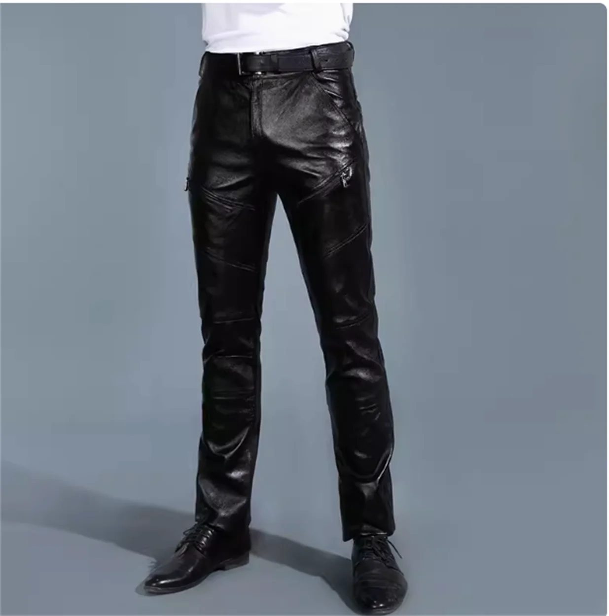 

New men's leather pants with top layer cowhide and slim fit winter casual pants