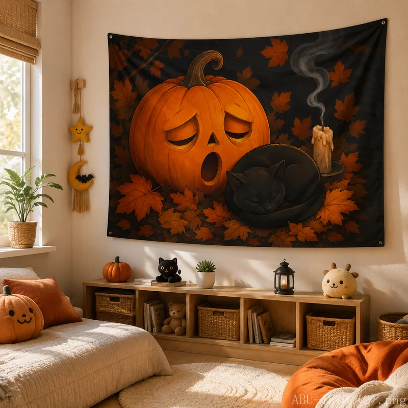 VIKAMA Glowing Jack-o-lantern Tapestry Halloween Flame Swirl Pumpkin Autumn Leaves Wall Art
