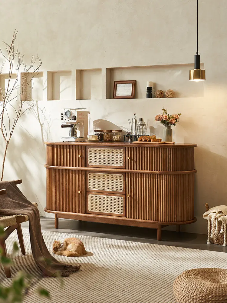 Nordic solid wood dining side cabinet rattan Japanese retro small apartment locker storage porch side cabinet