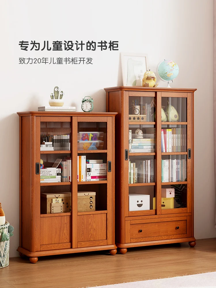 

American children's bookcase floor-to-ceiling sliding door household solid wood bookshelf with door low cabinet living room glas