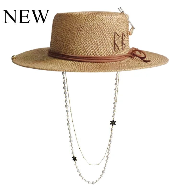 Personalisierter Strohhut mit flacher Oberseite, handgefertigter Designhut mit Perlenkette, Sommer-Sonnenhut, neuer Buchstabenhut, Strandhut für Damen, Gorras für Herren