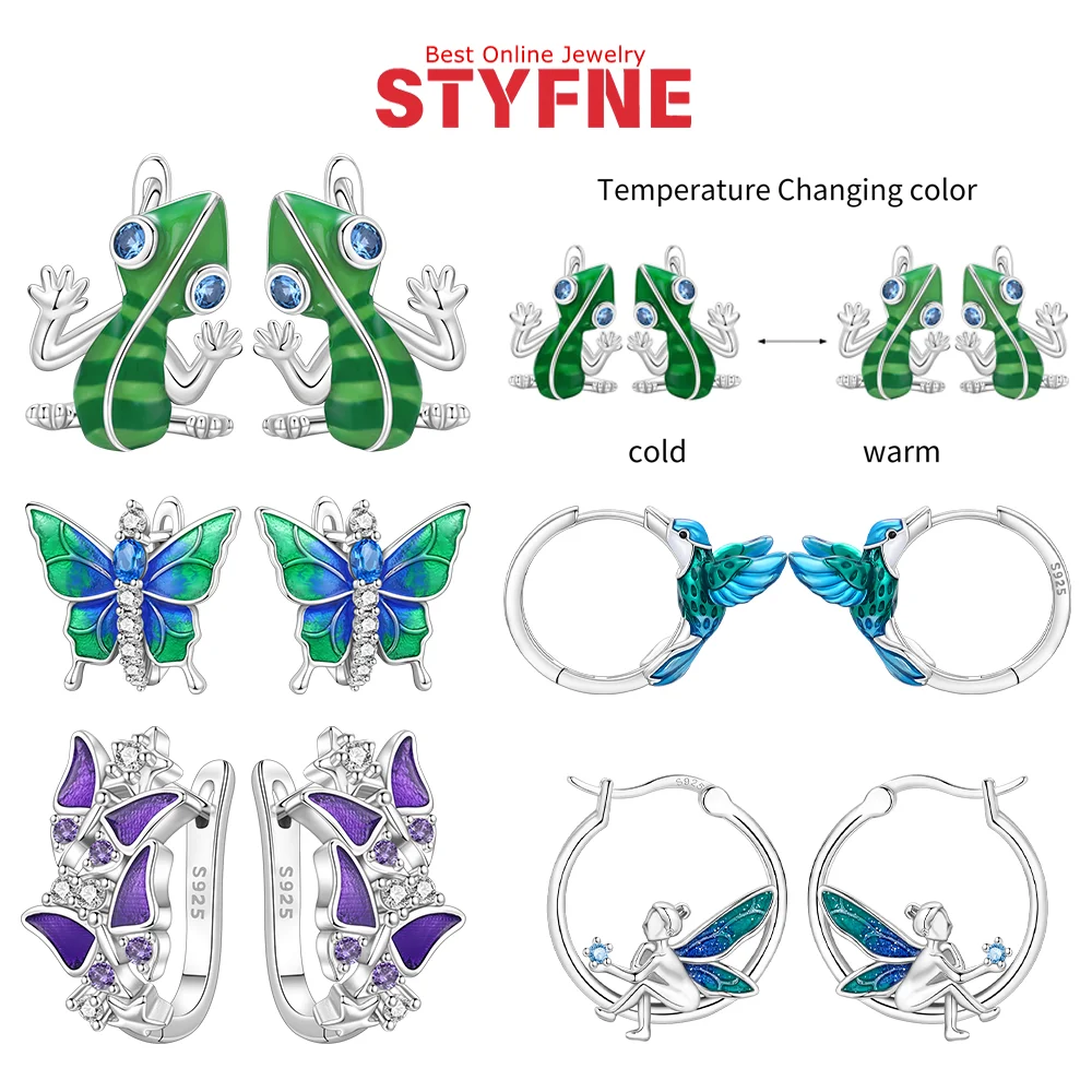 

Серьги серии животных, фиолетовые серьги-бабочки-колибри, сине-зеленые серьги-кольца-хамелеоны, серебро 925, ювелирные украшения на день рождения