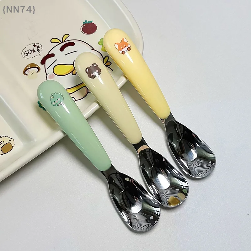 【F2-NN74】304 Stainless Steel Baby Spoon - Kawaii Fall Prevention Complementary Food Tableware for Children Girl