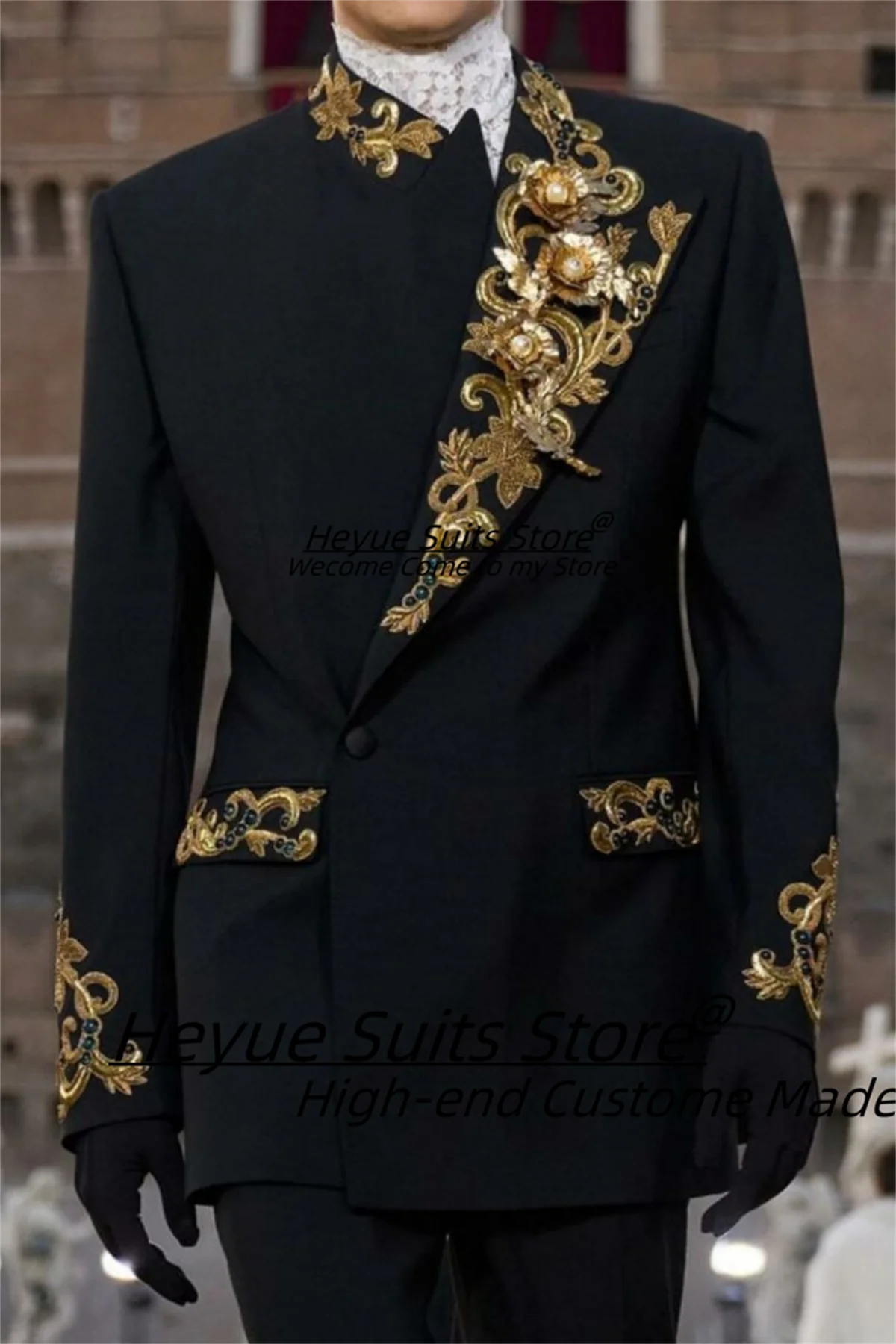 

Luxuly 3D Flower Embroidery Formal Prom Men Suits 2 Pieces Sets Slim Fit Peak Lapel Groom Wedding Tuxedos Male Elegant Blazers