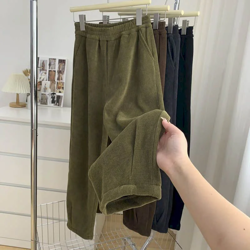 Pantalon droit en velours côtelé pour femme, pantalon lanterne en peluche, style coréen décontracté, taille élastique, pantalon bouffant, Harajuku, At, FJJ