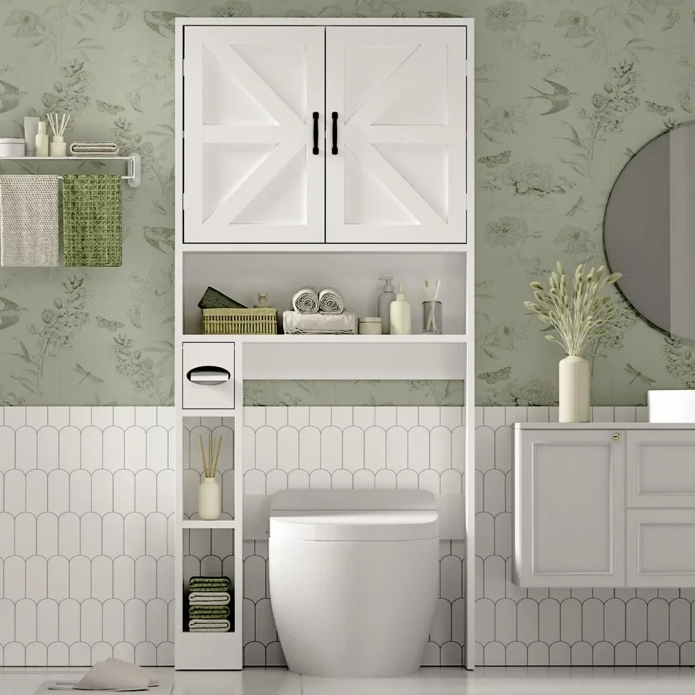 

Over The Toilet Storage Cabinet with Tissue Holder, Bathroom Cabinet with Doors and Adjustable Shelves,Family Storage Rack