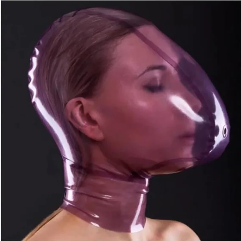 Transparent Purple Latex Hood with Breath Control Hole for Playing Suffocating Rubber Mask Club Party Wear Props