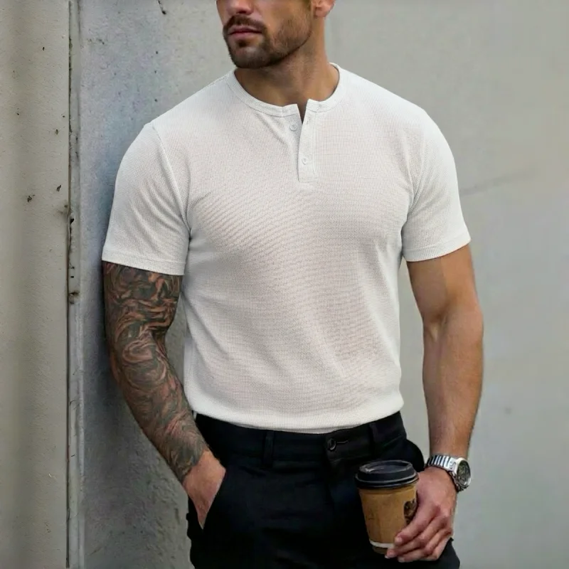 Men's Polo Shirt with Henley Collar, Short-Sleeved T-Shirt
