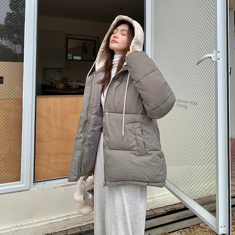 Women Fake 2 Pieces Hooded Cotton Jacket Winter Detachable Sleeves Thicken Overcoat Korean Casual Fashion Loose Female Warm Coat