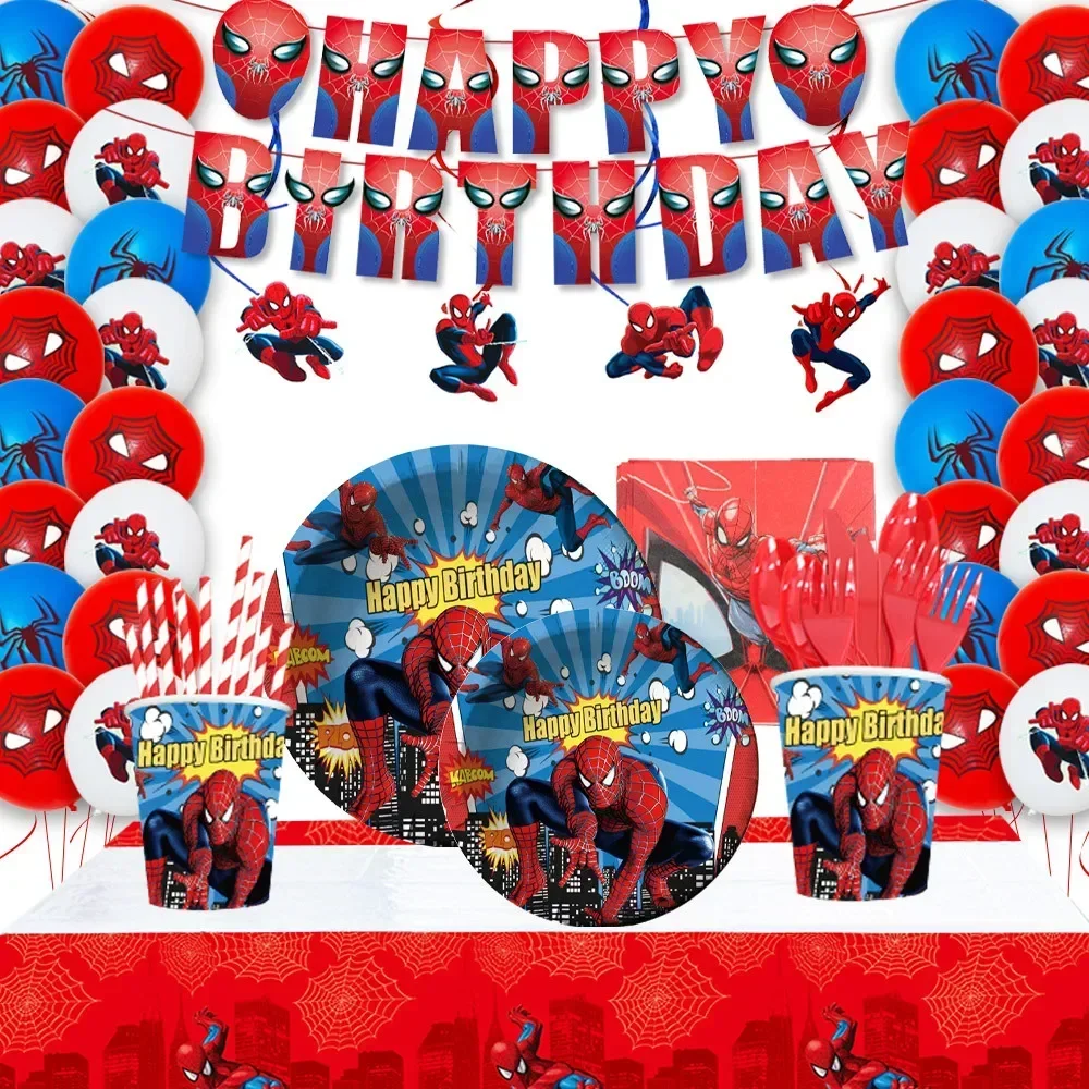 

New Red Spidermans Themed Birthday Supplies Paper Plate Cups Napkins Knives Forks Spoons Boys Party Tableware Decoration Props