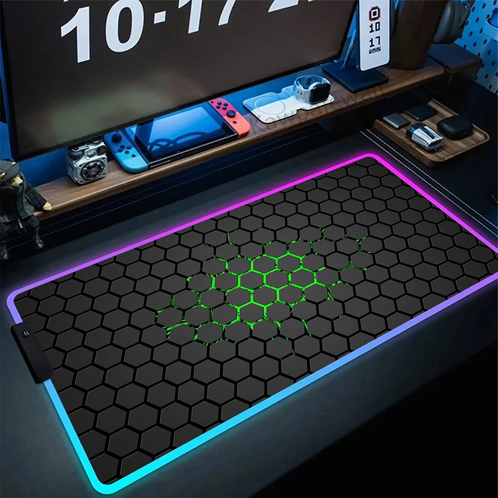 RGB alas Mouse segi enam 900x400mm, karpet Laptop alas Mouse keren Anti selip bercahaya seni permainan LED geometris