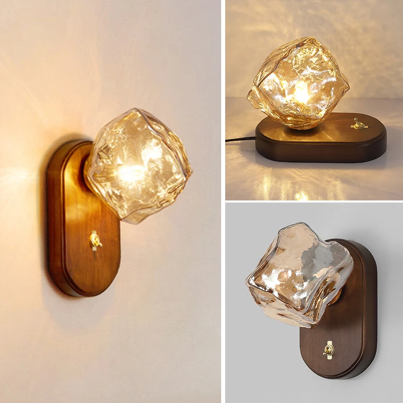 

Retro Ice Glass Wall Lamp, Solid Wood Bedroom Bedside Ambient Lamp, Retro Study Wall Lamp, LED Desktop Decorative Table Lamp