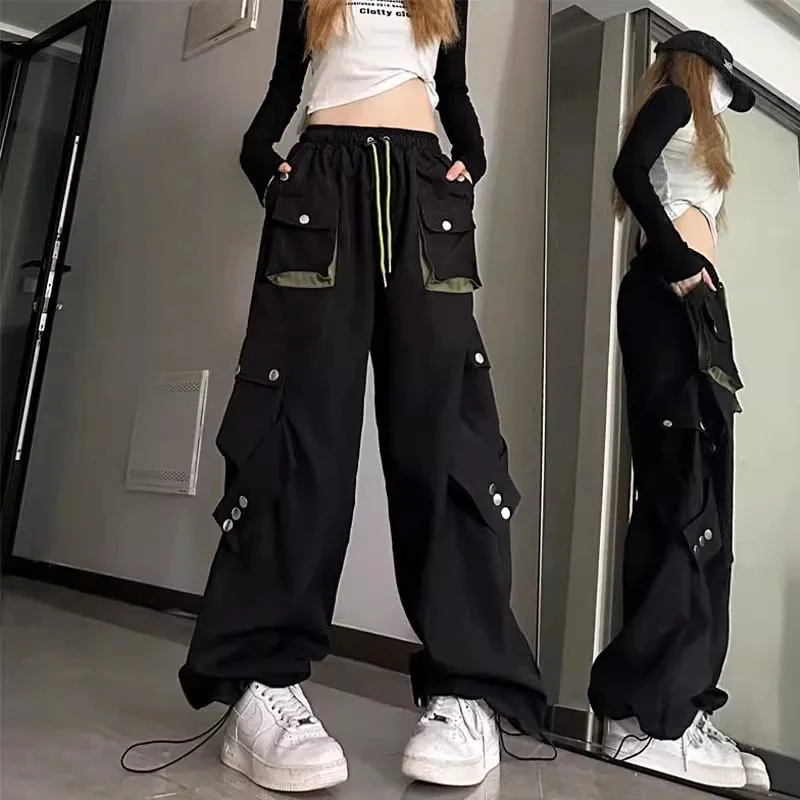 

Amrican High Waist Cargo Pants Women Black Loose Big Pocket Streetwear Trousers Drawstring Hiphop Dance Jazz Wide Leg Pants