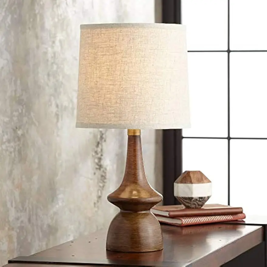 

Modern Table Lamp 24" High Walnut Faux Wood Brown Off White Linen Tapered Drum Shade for Nightstand Living Room