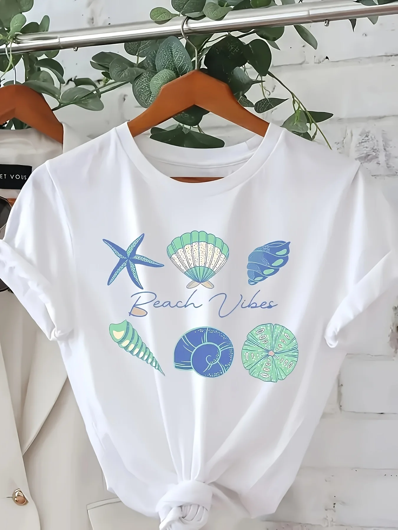 Marine Shell Organisms Pattern Print Short Sleeve T-Shirt Crew Neck Top Fashion Y2K Comfort Fit for Women Top Casual Clothing