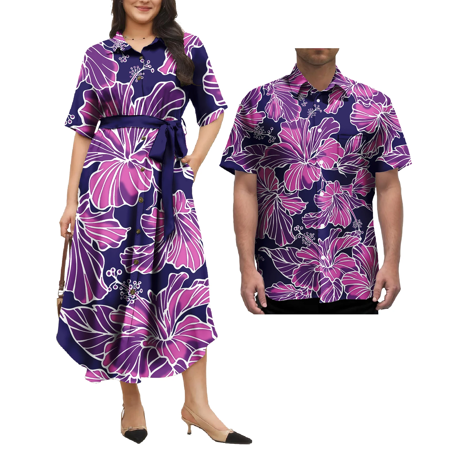 Tapa Polynesian Tribal Design Strandkleid Passende Herren Hawaiihemden Traditionelle Kleidung Langes Kleid Paarkleidung 2tlg