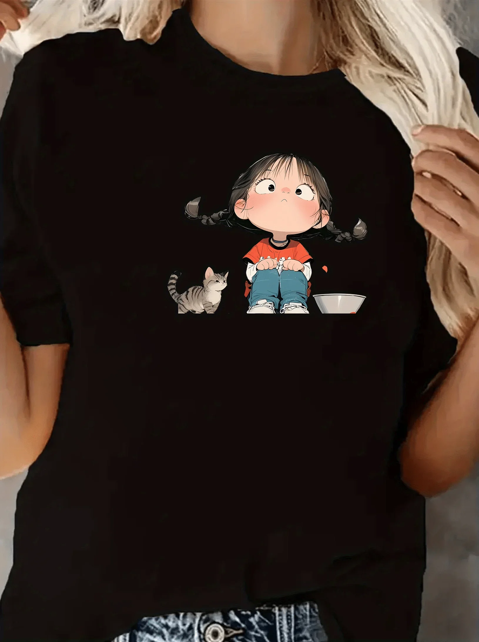 تي شيرت نسائي برسومات كارتونية ممتعة كاجوال برقبة دائرية وأكمام قصيرة تي شيرت صيفي بأكمام قصيرة ملابس هاراجوكو ملابس الشارع الشهير