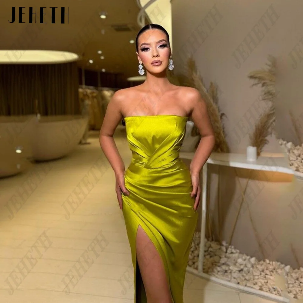 JEHETH Sexy Sleeveless Evening Gowns For Woman Satin Mermaid Strapless Prom Party Dress Side Split Modern vestidos de noche