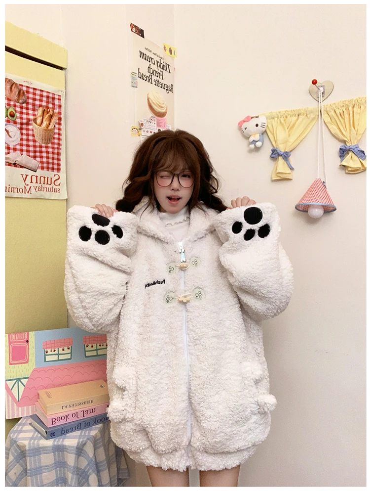 2025 Winter Women's Cute Bunny Ear White Lamb Wool Cotton Coat Loose Brown Zipper Horn Button Hooded Cotton Jacket