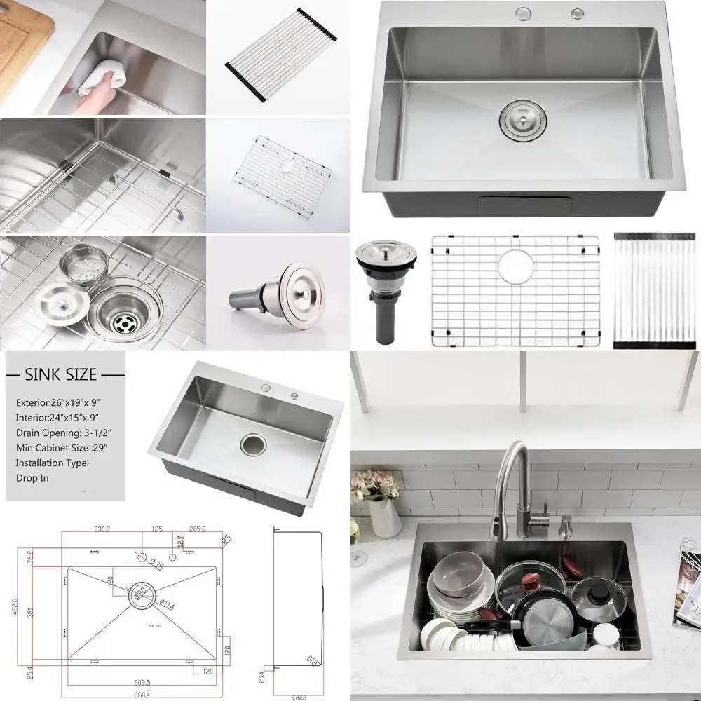 

Кухонная мойка из нержавеющей стали 26 x 19 дюймов, одинарная, встраиваемая, с подставкой для посуды