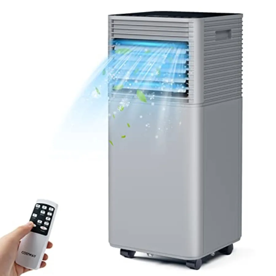 Portable Air Conditioner for living room bedroom office, grey ABS plastic, 8000 BTU cooling with remote control, 4 universal ca